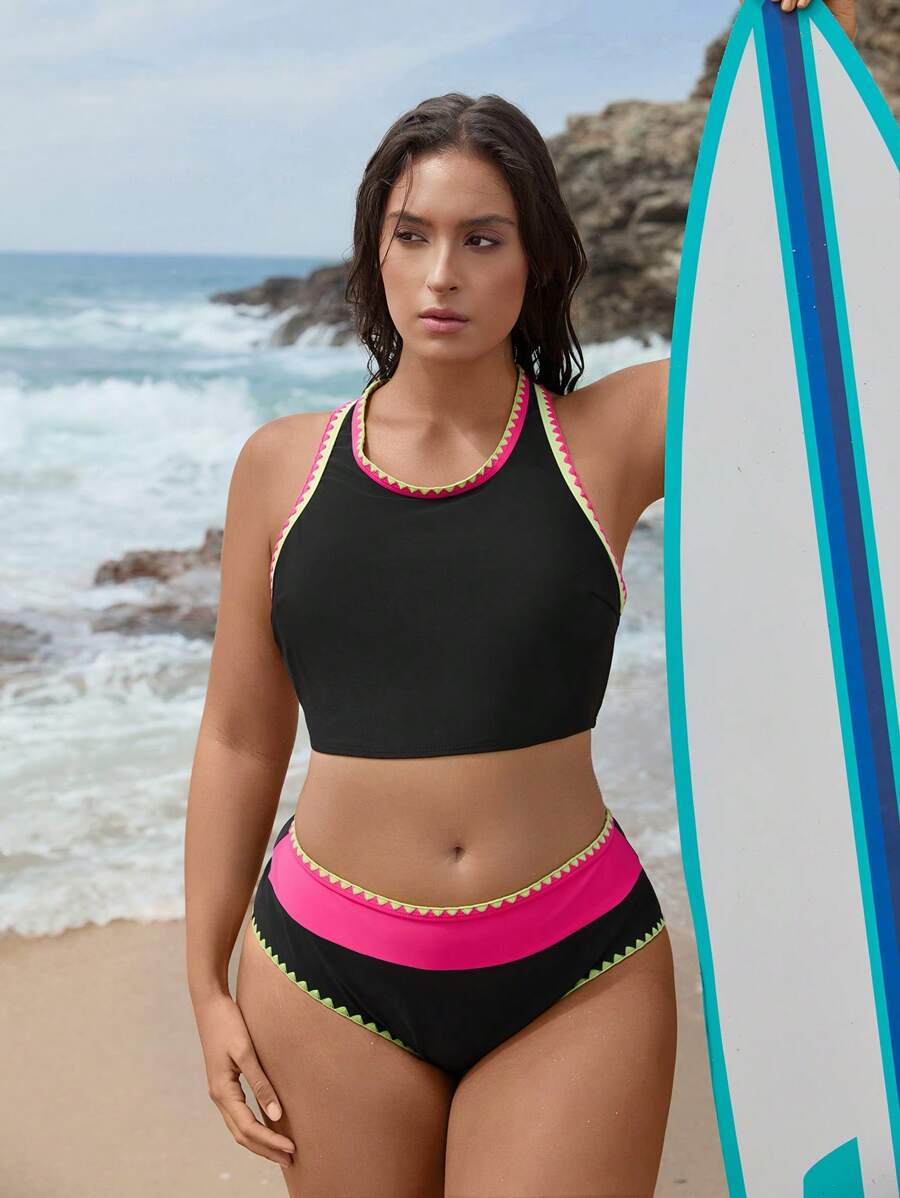 Swim SPRTY Bộ đồ bơi bikini cổ tròn màu trơn cỡ lớn cho nữ, đồ bơi đi biển ngày lễ thường ngày - màu đen - Xem 1