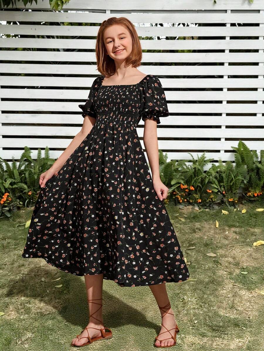 SHEIN Rochie Teen Girls Ditsy cu mâneci bufante, cu imprimeu floral