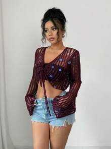 Elenzga Women's Hollow-Out Vacation Style Elegant Lace-Up Sequins Knit Cardigan, Suitable For Spring & Summer - Purple - View 7