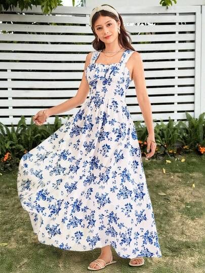 SHEIN 少女度假复古优雅编织蓝白花卉中长连衣裙