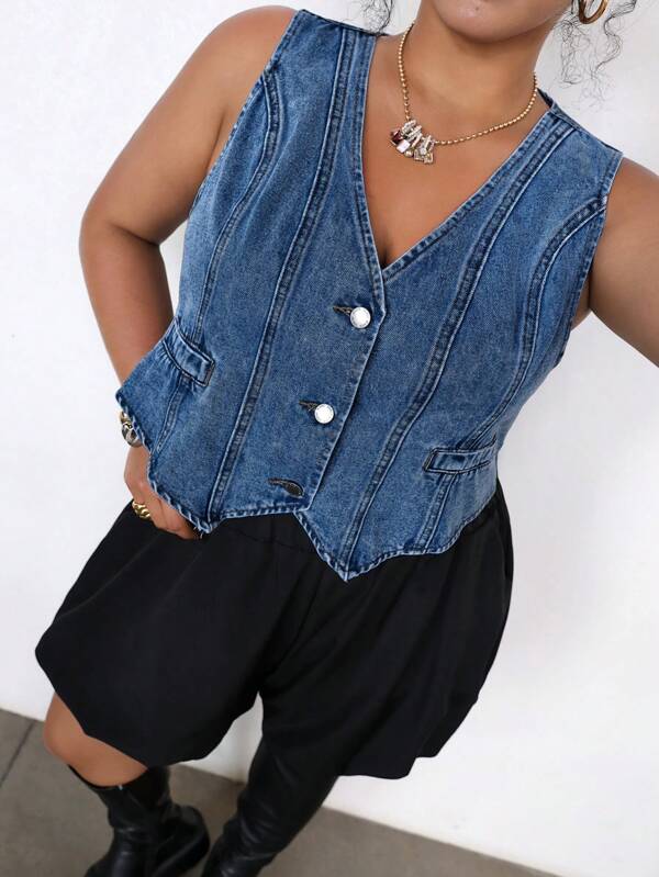 SHEIN EZwear Plus Size Denim Sleeveless Vest, Casual Fitted Style, Blue,Back To School