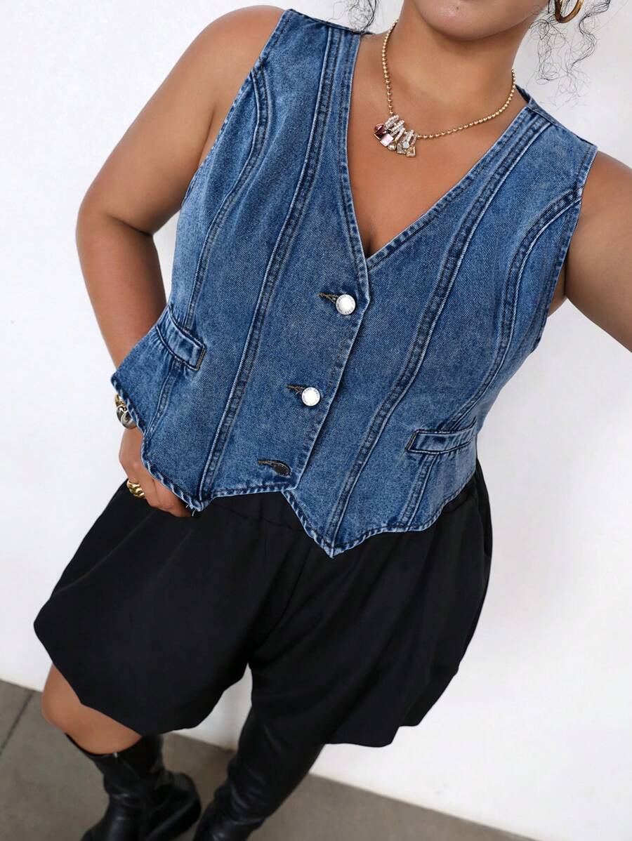 SHEIN ICON Plus Size Denim Sleeveless Vest, Casual Fitted Style, Blue,Back To School - Medium Wash - View 1