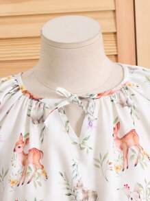 SHEIN 青少年女孩宽松休闲度假卡通图案圆领中长款荷叶边下摆罩衫连衣裙