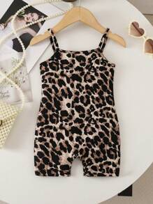SHEIN Baby Girl Summer Cute Casual Knit Leopard Print Jumpsuit - Brown - View 1