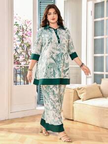 Lacomfia Plus Size Elegant Women 2 Pieces Set: Floral Print Half Sleeve Shirt And Pants - Green - View 5