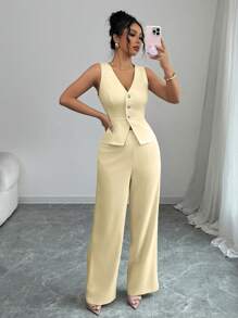 SHEIN PETITE 女士优雅无袖上衣和裤子套装，商务通勤老款风格，适合夏季度假和约会 - 米色 - 查看 6