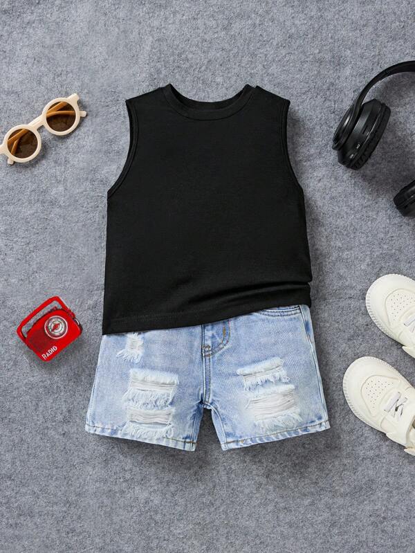 SHEIN Baby Jungen Frühling Sommer Set mit einfarbigem Tankoberteil und weiter zerrissener Denim Shorts, Baby Jungen Sommer Kleidung Set Outfit