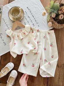 SHEIN LMoss Kids Babygirl Floral Print Frill Hem Sleeveless Top And Elastic Waist Pants Suit, Summer Vacation - White - View 4