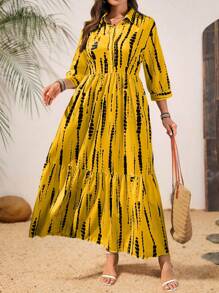 SHEIN LUNE 大码女式 V 领纽扣式 3/4 袖宽松褶皱长裙，蓝白竖条纹印花，百搭优雅，适合度假、海滩、通勤、旅行等场合 - 黃色 - 查看 8