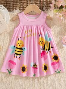 Baby Girls' Cute Bee Graphic Sleeveless Dress, Fashion New Style For Spring & Summer Bee Dress Toddler Pink Toddler Bee Dress Sunflower Dress Toddler - Pink - View 2