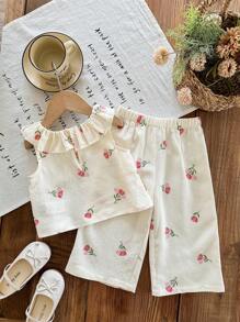 SHEIN LMoss Kids Babygirl Floral Print Frill Hem Sleeveless Top And Elastic Waist Pants Suit, Summer Vacation - White - View 2