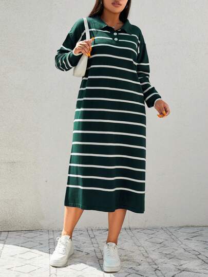 Plus Size Women Striped Drop Shoulder Long Sleeve Polo Collar Casual Knit Dress