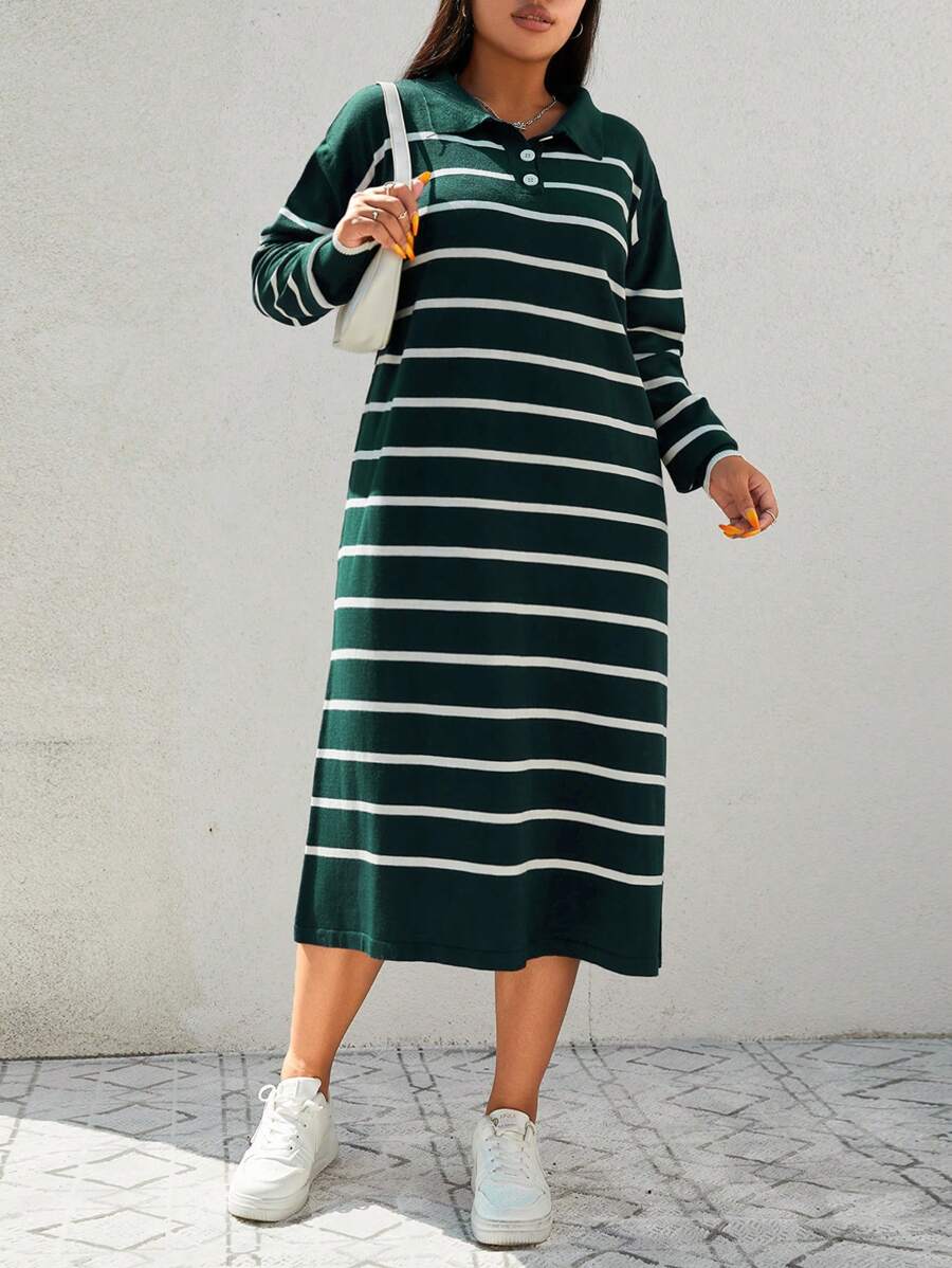EURMUSE 大码女式条纹落肩长袖马球领休闲针织连衣裙 - 墨綠色 - 查看 1