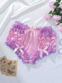 PetitDoll 女士粉色缎面荷叶边蕾丝拼接可爱内裤 - 粉色 - 查看 3