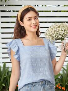 SHEIN Teen Girl Weave Texture Solid Color Square Collar Short Sleeve Casual Shirt