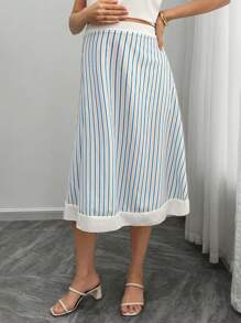 SHEIN Maternity Patchwork Striped Flared Hem Skirt - Blue and White - View 5