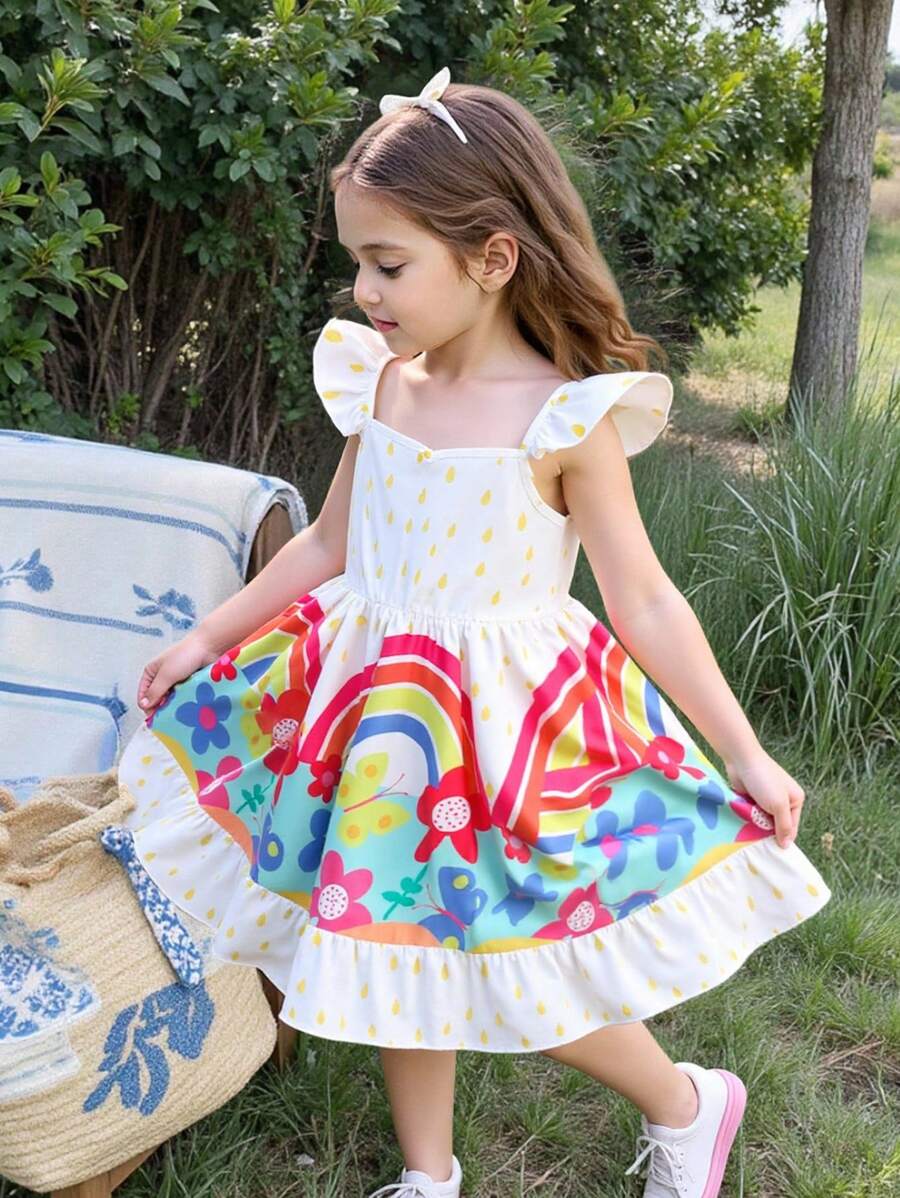 Vestido de fiesta sin mangas con cuello en V con volantes y estampado de flores y mariposas arcoíris para niña, para primavera/verano - Multicolor - Ver 1