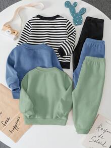 SHEIN 6 件套男童/女童可爱卡通条纹纯色长袖运动衫和罗纹袖口裤两件套，适合秋冬季外出 - 彩色 - 查看 2