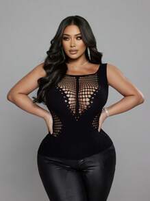 NU&NOW Plus Size Women Sexy Hollow Heart Elastic Camisole - Black - View 4