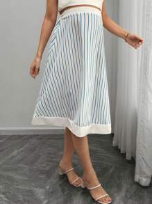 SHEIN Maternity Patchwork Striped Flared Hem Skirt - Blue and White - View 6
