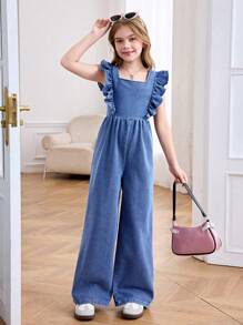 SHEIN Tween Girls Spring Summer Break Solid Washed Sleeveless Backless Openback Jumpsuit With Bowknot And Ruffle Trim,Casual Style And Casual Fit,Girls Summer Beach Boho Vacation Causal Outfits,Rave Concert Festival Outfits
