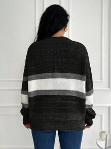 SHEIN Cottnline Plus-Size Women's Color Block Long Sleeve Sweater Pullover - Black - View 2