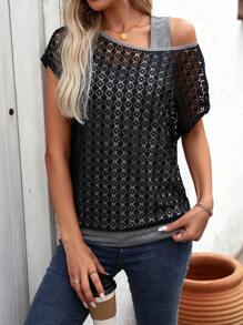 SHEIN Tall 女式蕾丝拼布不对称肩部衬衫 - 彩色 - 查看 4