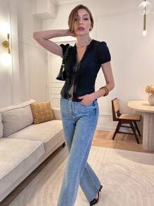 Pariaura French Lace V-Neck Button Ruched Women Blouse Black Blouses Tops For Women Elegant Black Lace Top