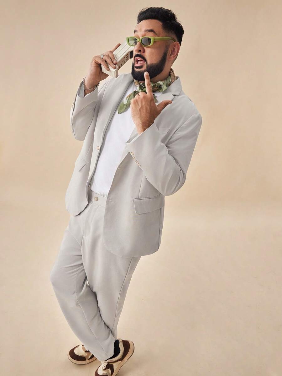 Manfinity VCAY Plus Size Men's Loose Casual Woven Blazer & Pants Set - Apricot - View 1