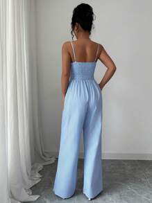 Rafferiza 女式优雅休闲条纹无袖连体裤，正面系带，褶饰细节 - 藍色 - 查看 2