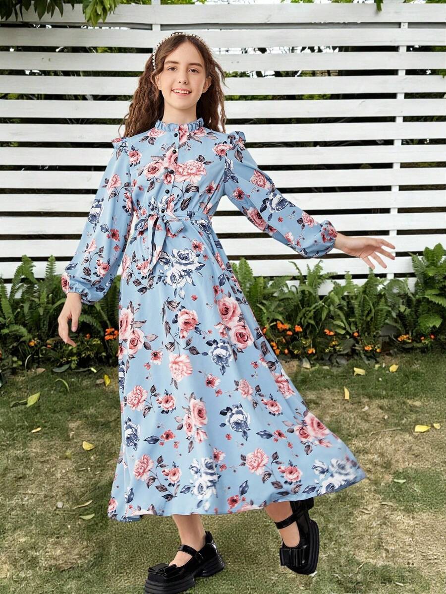 SHEIN Leap Crew 青少年女孩印花褶邊燈籠袖繫腰帶洋裝