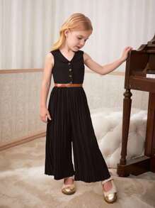 SHEIN Elladie kids 年轻女孩杏色翻领纽扣连体裤，带有褶边细节，适合日常通勤和休闲穿着 - 黑色 - 查看 8