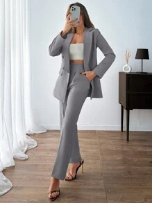 EURMUSE Women Solid Color Button Front Detailed Jacket And Pants Suit Sets - Light Grey - View 1