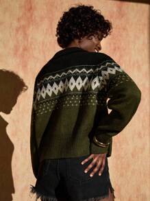 Bóhologie Nordic-Inspired Button-Up Cardigan In Deep Green With Black Contrast Yoke And Ribbed Hems - Green - View 2