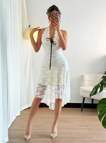 Gloray Women's Summer Dress French Holiday Sexy Halter Open Back Bowknot Waist Asymmetrical Hem White Lace A-Line Dress - White - View 4
