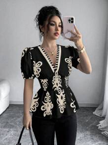 Chiquease 女式 V 领荷叶边抽绳腰短袖衬衫，休闲优雅印花衬衫，适合日常、工作、波西米亚风、音乐节、春夏季