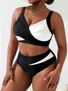 Slaydiva Bộ đồ bơi Tankini xếp nếp cỡ lớn cho nữ màu đen/hồng, khu nghỉ dưỡng bãi biển mùa hè - Đen và trắng - Xem 5