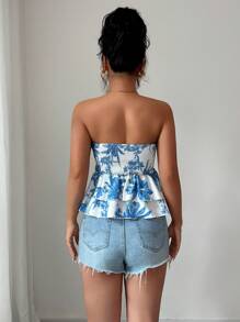 Elenzga Blusa elegante para mujer con cuello halter sin espalda y doble capa de bajo, ideal para vacaciones románticas - Azul y blanco - Ver 2
