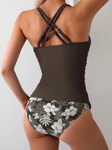 Swim Lushoire Random Print Cami Bikini Set, Elegant Tropical Pattern, Casual Outfit For Spring/Summer, Holiday, Beach, Party - Brown - View 2