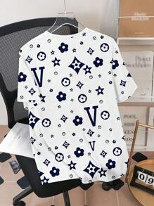 Manfinity Dauomo Áo thun nam họa tiết hoa cổ điển màu xanh navy cổ điển thời trang giản dị - trắng - Xem 2