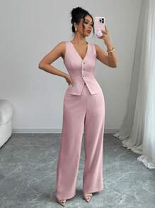 Selianne Women Elegant Sleeveless Top And Pants Set, Business Commute Old Money Style, Suitable For Summer Holiday And Date - Pink - View 6