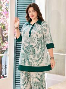 Lacomfia Plus Size Elegant Women 2 Pieces Set: Floral Print Half Sleeve Shirt And Pants - Green - View 6