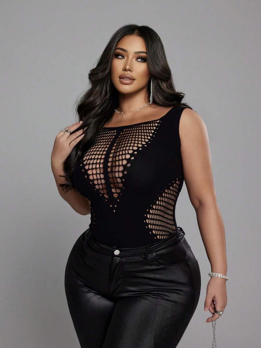 NU&NOW Plus Size Women Sexy Hollow Heart Elastic Camisole - Black - View 1