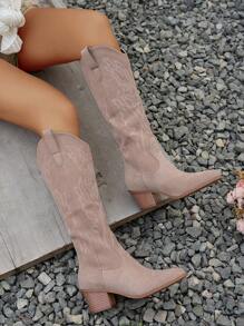 Styleloop Giày bốt cao gót kiểu phương Tây màu trơn, thường ngày đa năng, cổ điển, phong cách BOHO, phong cách Mỹ, Bohemian, lễ hội âm nhạc phương Tây, tiệc tùng, giáng sinh, trang phục Halloween - Màu Khaki - Xem 6