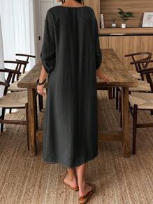 Louniche Vestido Decorativo com Botões de Madeira Retrô de Outono para Mulheres