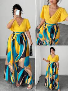 Elenzga 大码女式春夏波西米亚海滩度假休闲旅行高端设计彩色不对称几何印花时尚华丽性感圆领荷叶边袖长裙 - 彩色 - 查看 1