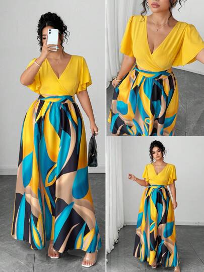 Elenzga Vestido maxi de mujer talla grande para primavera/verano, de estilo bohemio, para playa y vacaciones, casual y de viaje, de diseño de alta gama, con estampado geométrico colorido y asimétrico, de moda, elegante y sexy, con cuello redondo y mangas con volantes