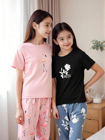 青春期前女孩海军蓝火烈鸟印花家居服套装（长裤和短袖）