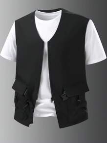 Manfinity Homme Men's Streetwear Zip-Up Outdoor Windbreaker Vest With Metallic Buttons - Black - View 1