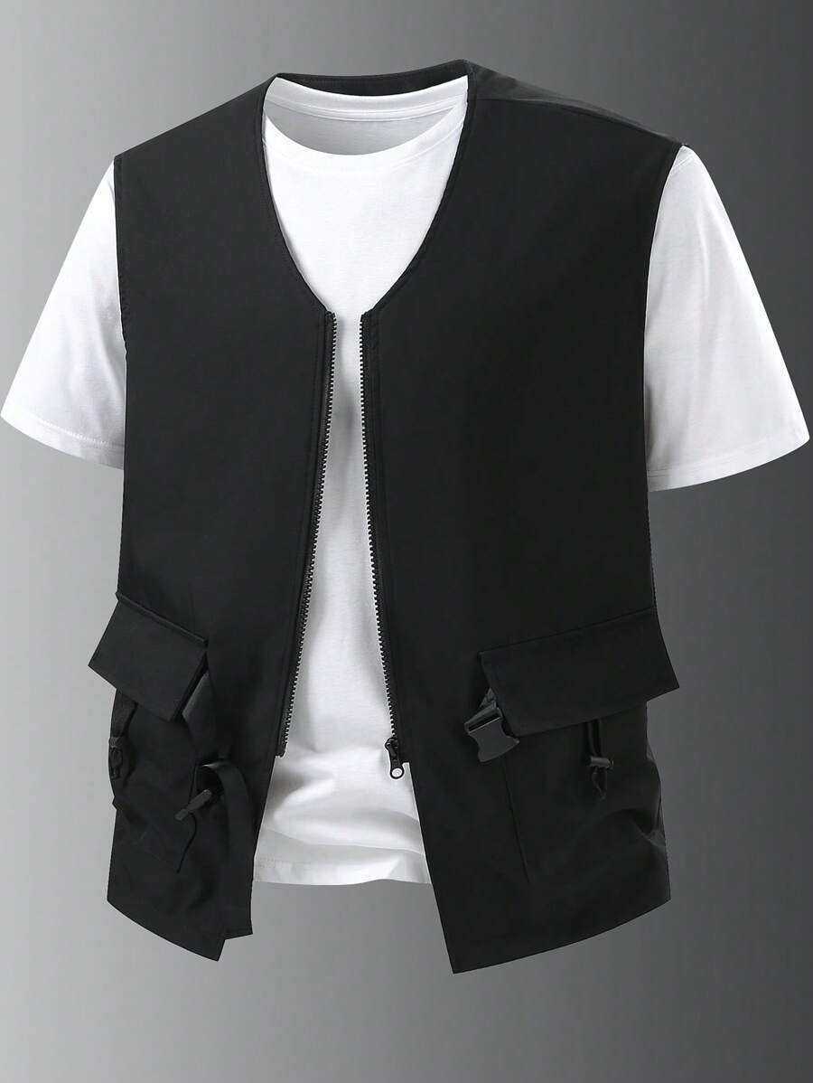 Manfinity Homme Men's Streetwear Zip-Up Outdoor Windbreaker Vest With Metallic Buttons - Black - View 1